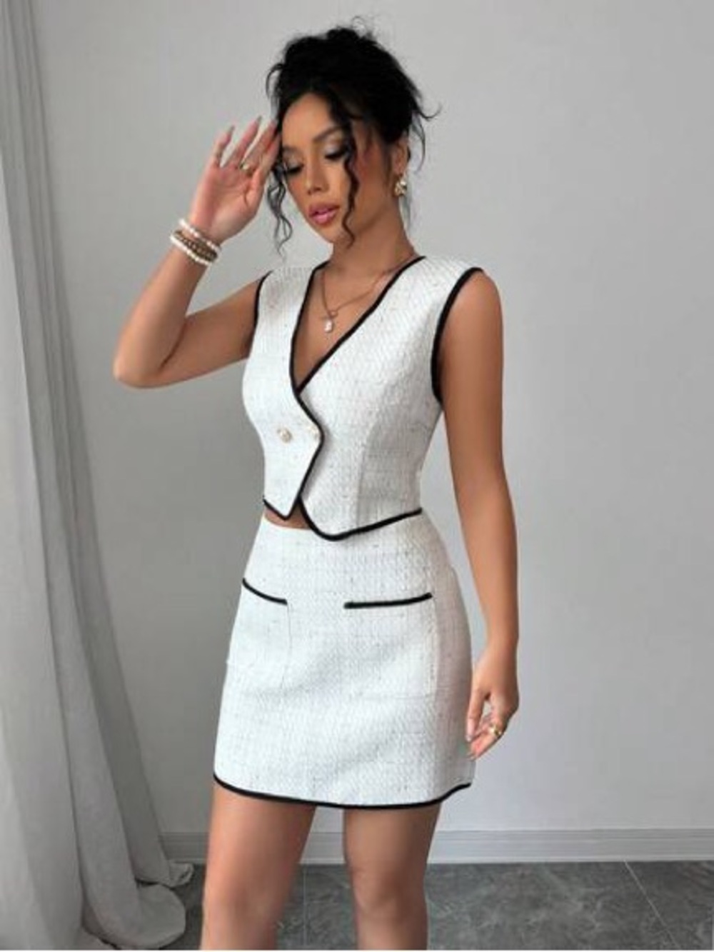 Shein off white tweed skirt set size M #43